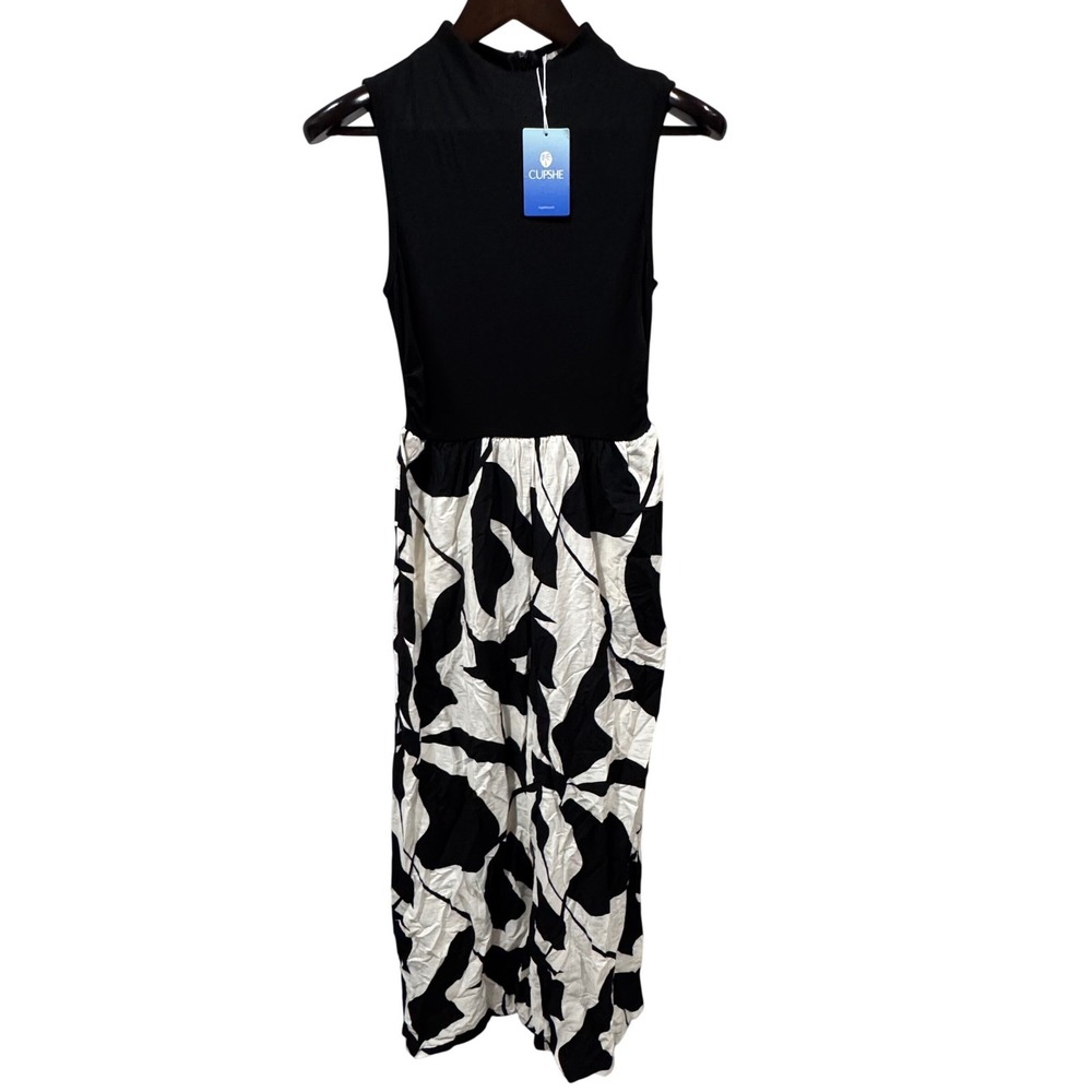 Cupshe Jumpsuit Womens M Black White NWT Mock Neck‎ Wide Leg Abstract Pockets